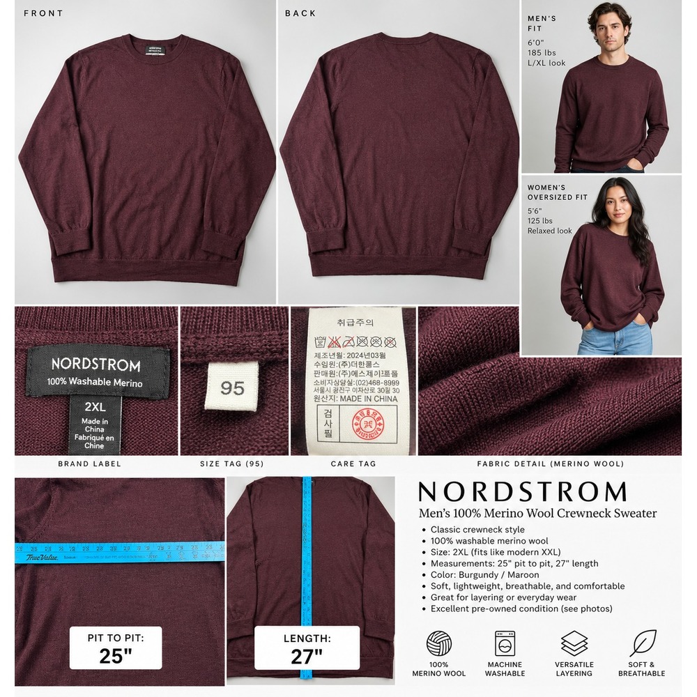 Nordstrom Men's 2XL Sweater Burgundy Merino Wool Long Sleeve Crew Neck Pullover
